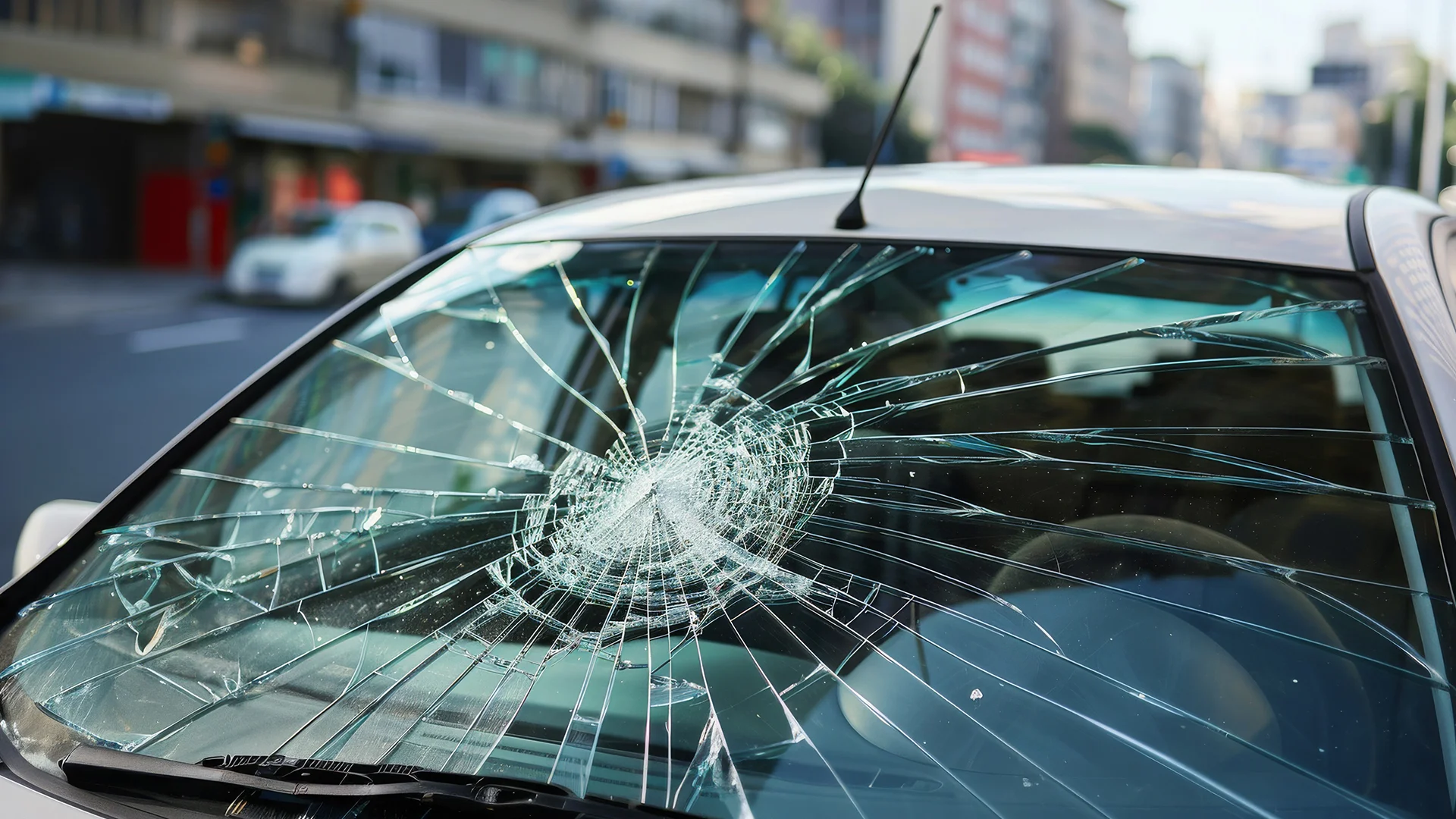 A car with severe broken windshield